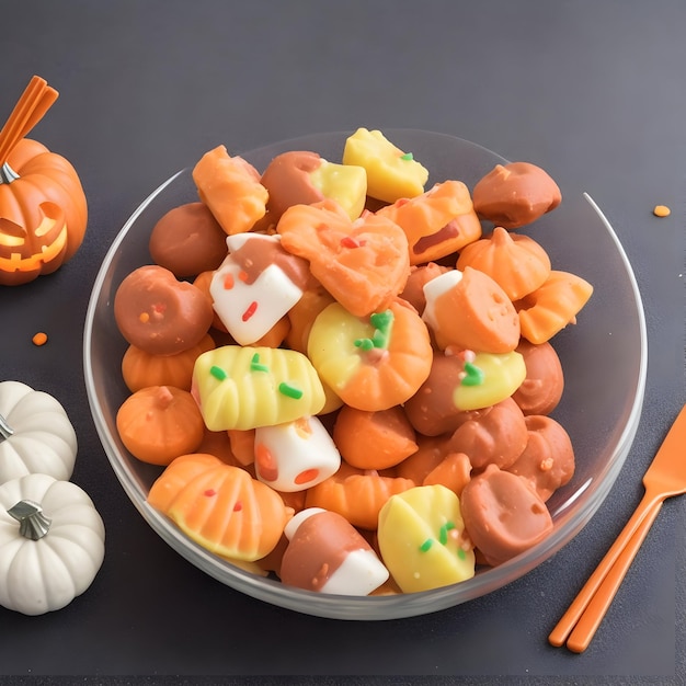 Caramelle di Halloween in ciotola di vetro con zucche su sfondo scuro