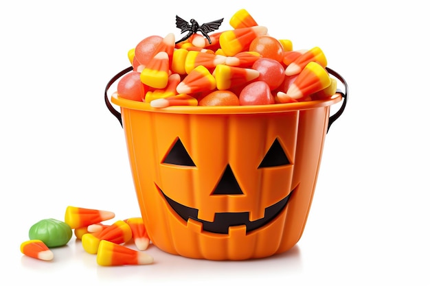 Caramelle di Halloween in secchio su priorità bassa bianca