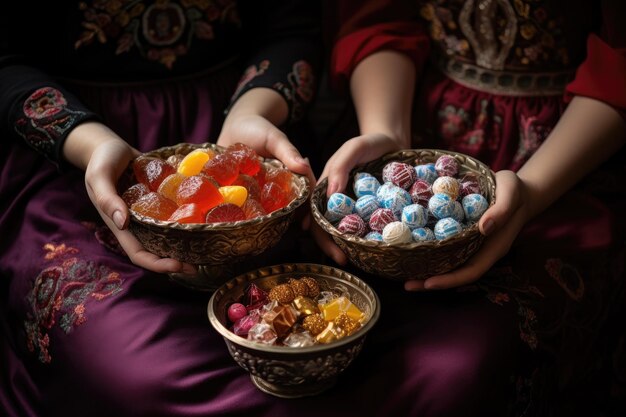 Caramelle e cioccolatini tenuti da due donne durante Seker bayrami con varie prelibatezze colorate