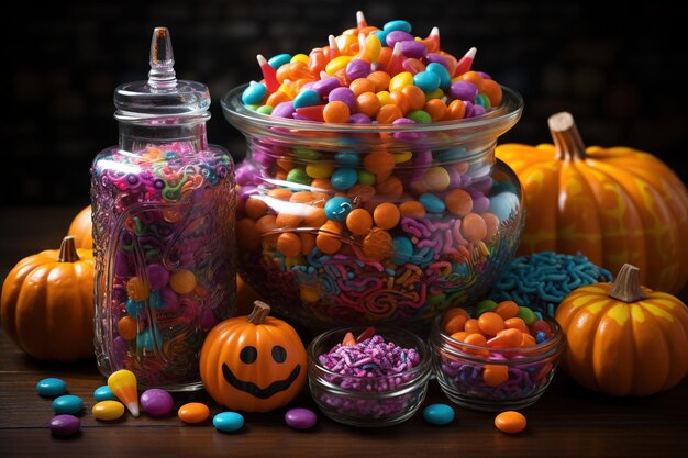 Caramelle e dolci di Halloween su uno sfondo scuro