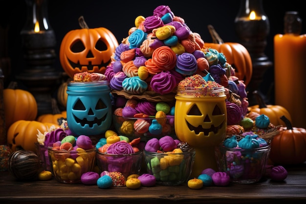 Caramelle e dolci di Halloween su uno sfondo scuro