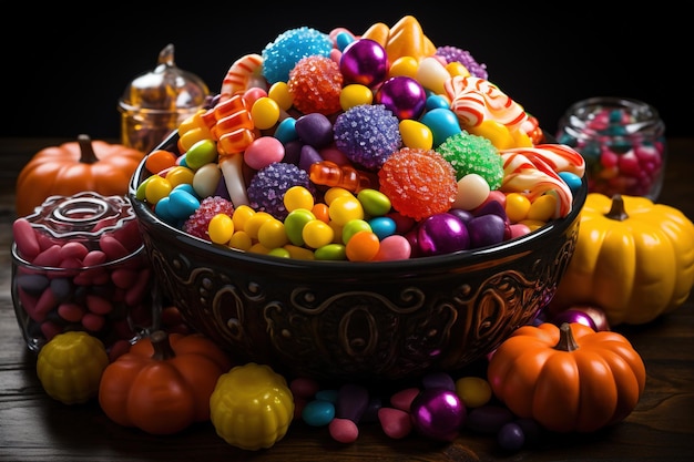 Caramelle e dolci di Halloween su uno sfondo scuro