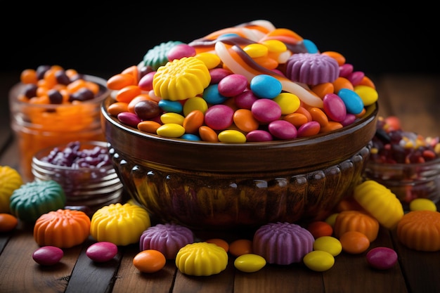 Caramelle e dolci di Halloween su uno sfondo scuro