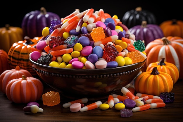 Caramelle e dolci di Halloween su uno sfondo scuro