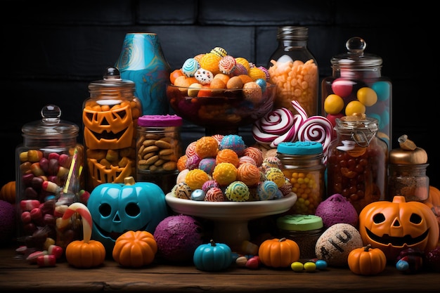 Caramelle e dolci di Halloween su uno sfondo scuro