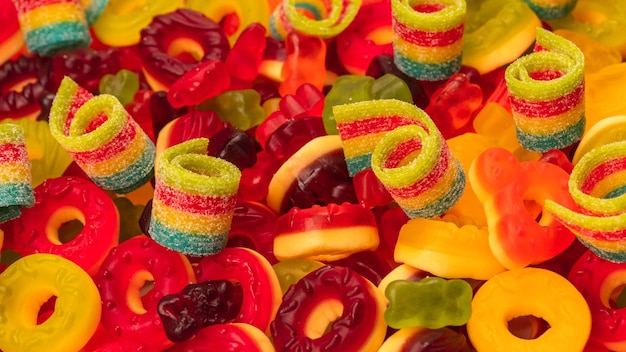 Caramelle gommose colorate assortite Vista dall'alto Ciambelle di gelatina