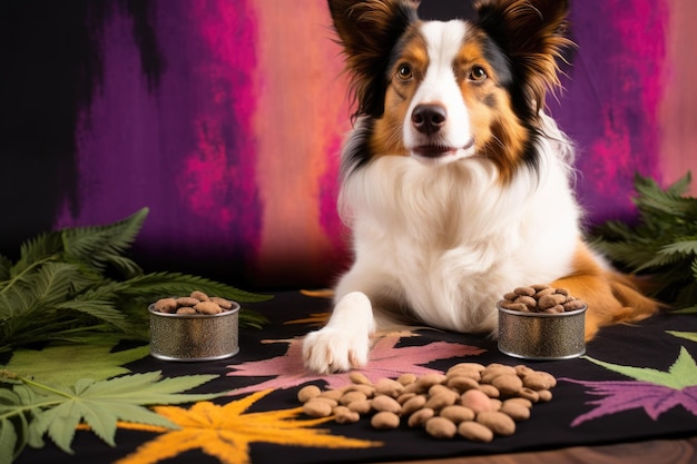 Caramelle per animali infuse di cannabis su un tappetino colorato per animali