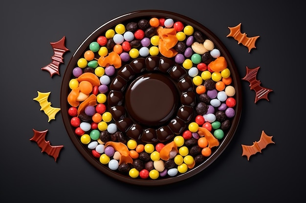 Caramelle per Halloween in un cerchio colori arancione e giallo su uno sfondo nero AI generativa