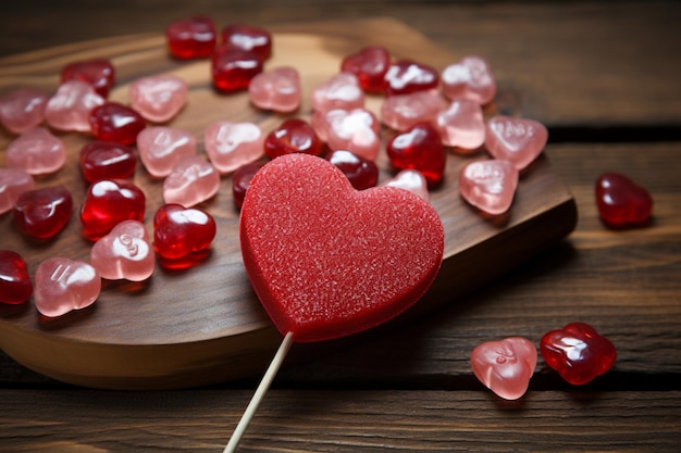 Caramelle rosse con guarnizioni a forma di cuore creano un'incantevole scena sul legno