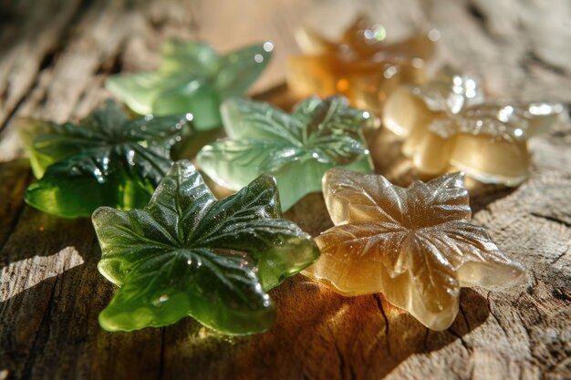 Caramelle trasparenti a forma di foglia di cannabis su legno illuminate per sottolineare i dettagli Ambiente naturale caldo Toni trasparenti dal verde all'oro