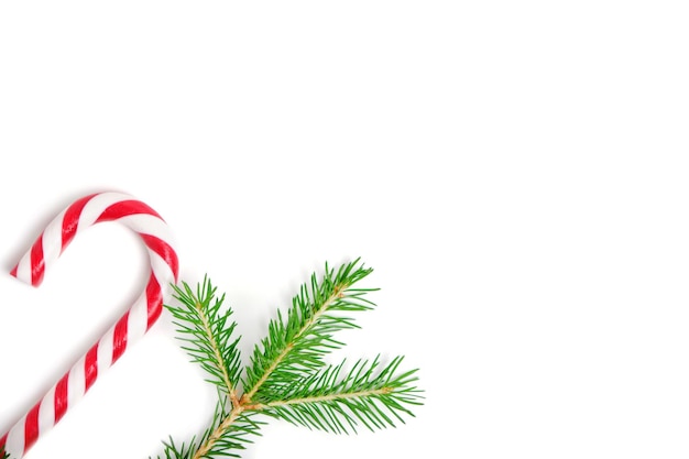 Caramello di Natale a forma di canna e albero di Natale su sfondo bianco