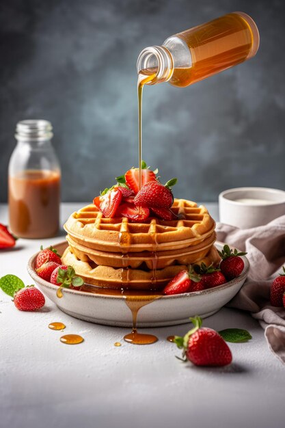 Caramello versato su waffle fresche con fragole Colazione con waffle belga Verticale