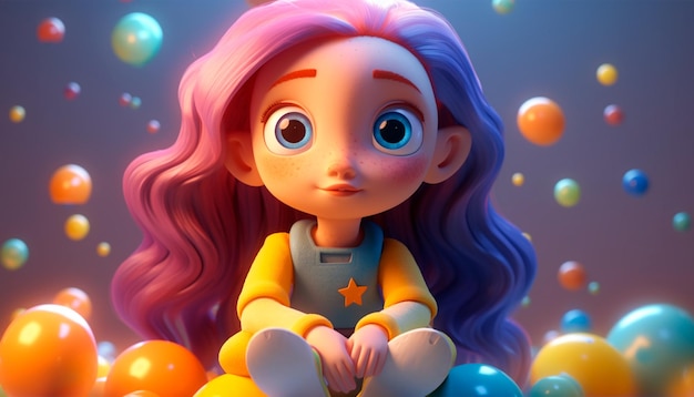 Carattere 3D carina ragazza cosmo con lunghi capelli viola e bolle Stile Pixar Scene in astronave pa