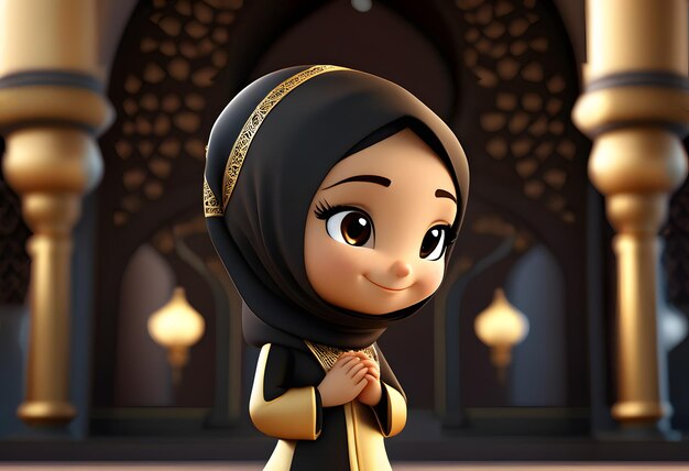Carattere 3d ragazza musulmana hijab carino sorriso alla moschea