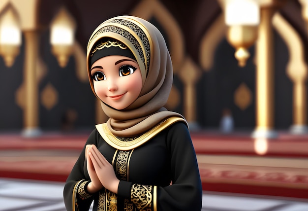 Carattere 3d ragazza musulmana hijab carino sorriso alla moschea