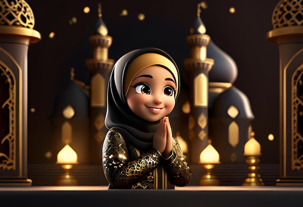 Carattere 3d ragazza musulmana hijab carino sorriso alla moschea