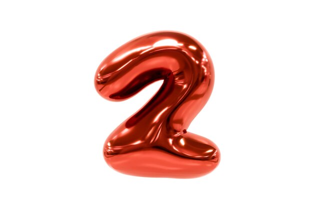 Carattere a palloncino rosso metellico numero 2 realizzato con palloncino di elio realistico, illustrazione 3d Premium.