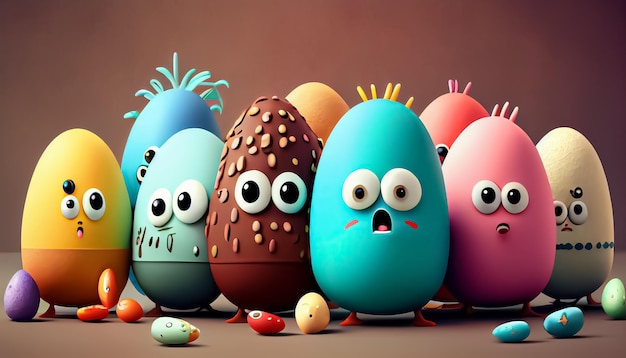 Carattere dell'uovo di Pasqua Carino adorabile sfondo di Pasqua Gruppo di uova colorate cartoni animati caratteri realistici 3d