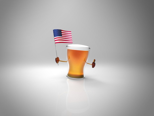 Carattere della birra illustrato divertimento che tiene la bandiera degli Stati Uniti d'America