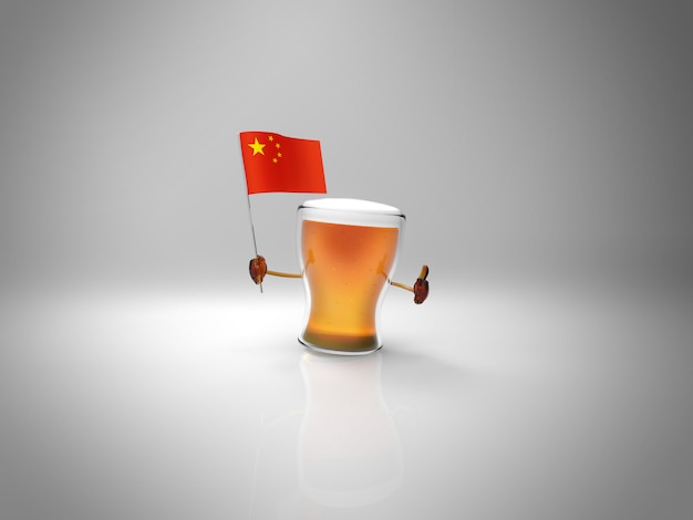 Carattere della birra illustrato divertimento che tiene la bandiera della Cina