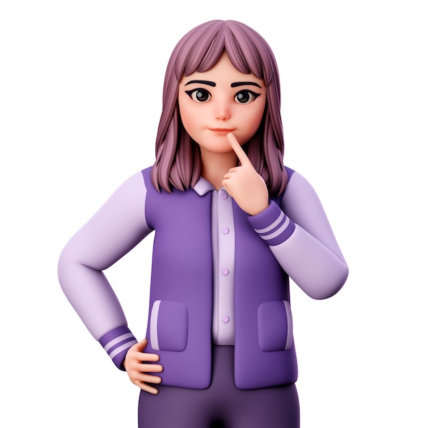 Carattere della donna con abiti viola gesto di pensiero Daydream 3D Render Illustration