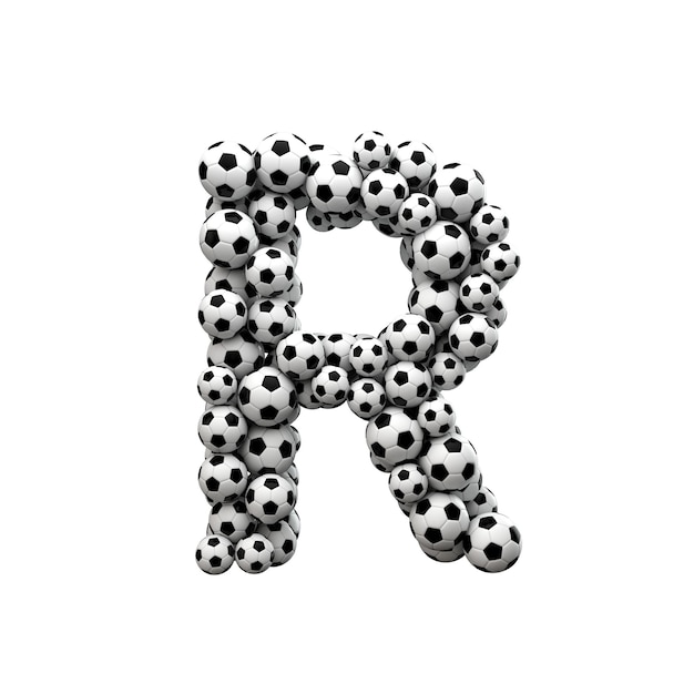 Carattere della lettera maiuscola R realizzato da una raccolta di palloni da calcio Rendering 3D