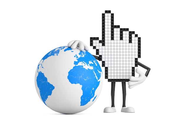 Carattere della persona della mascotte del cursore della mano del pixel con il rendering 3d del globo terrestre