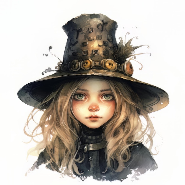 carattere della strega della ragazza sveglia dell'acquerello con l'illustrazione dei fiori e del cappello