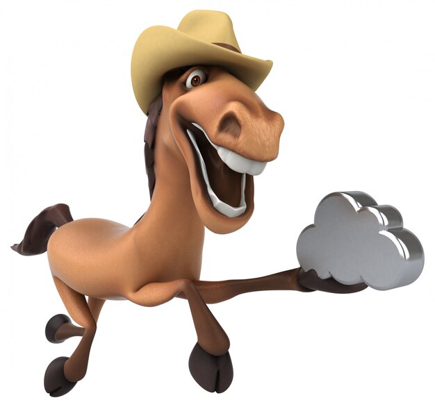 Carattere divertente del cavallo 3d che tiene un'icona metallica della nuvola