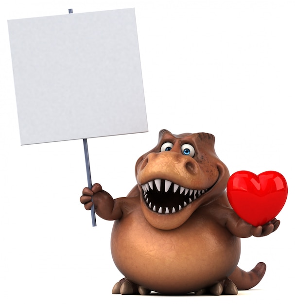 Carattere divertente del dinosauro 3d che tiene un cartello e un cuore