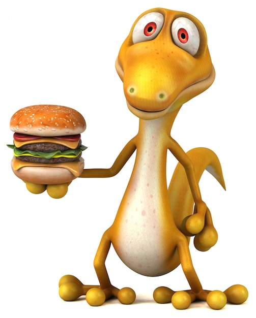 Carattere divertente della lucertola 3d che tiene un hamburger