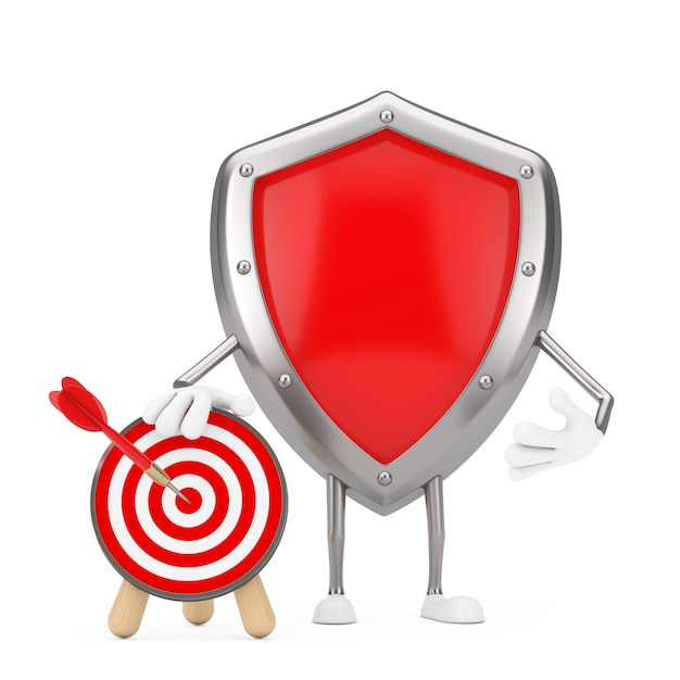 Carattere rosso della mascotte dello scudo di protezione del metallo con l'obiettivo di tiro con l'arco e il dardo nel centro su un fondo bianco. Rendering 3D