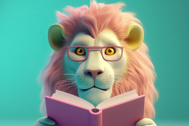 Carattere sorridente del topo di biblioteca del leone che indossa gli occhiali e che legge una parte dell'illustrazione del libro degli animali