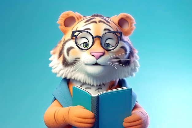 Carattere sorridente del topo di biblioteca della tigre con gli occhiali e la lettura di una parte dell'illustrazione del libro degli animali