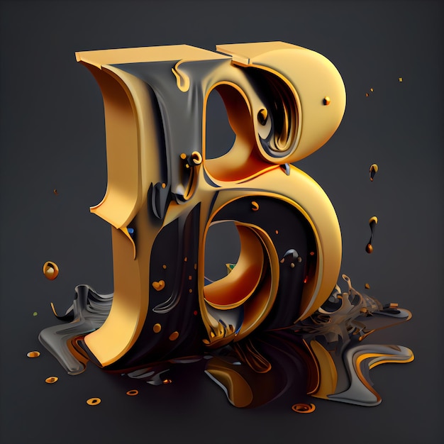 Carattere splash liquido nero e oro Lettera B 3d rendering