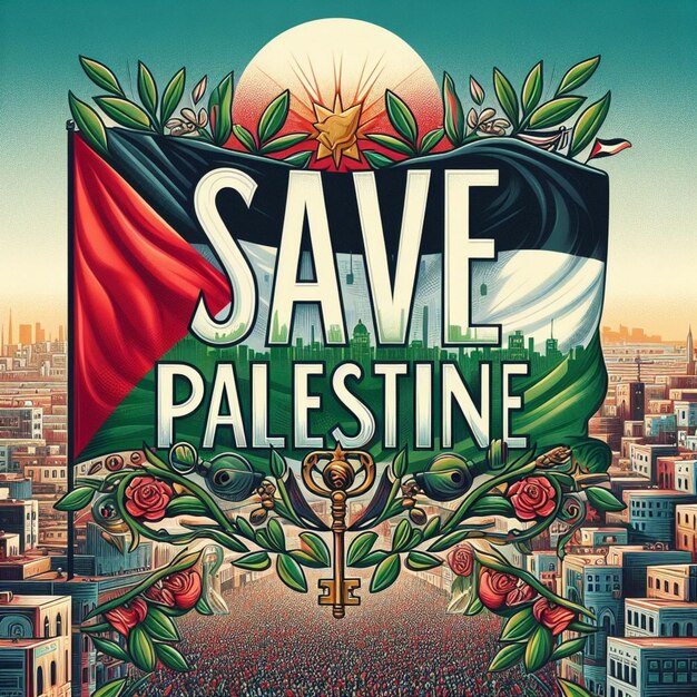 caratteristiche di illustrazione digitale intricate salvare la Palestina con rami d'olivo e sole nascente