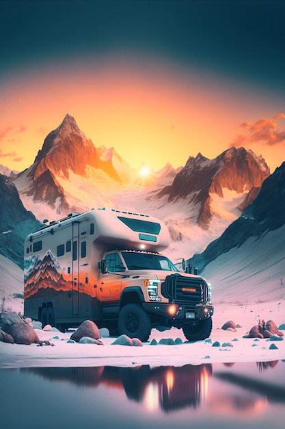 Caravan camion in montagna paesaggio invernale ai generativo