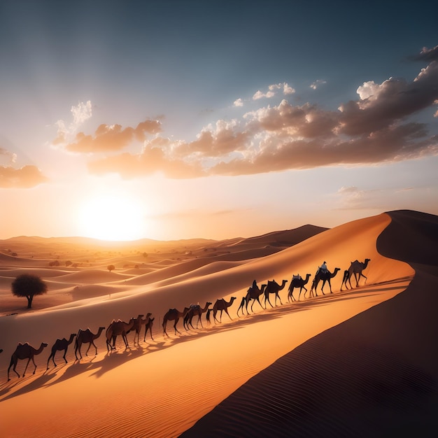 Caravan di cammelli in un deserto