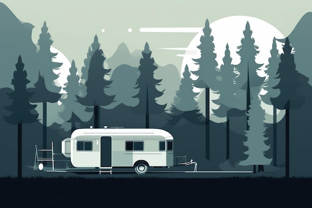 Caravan e paesaggio forestale in un'illustrazione minimalista Colori tenui e tenui IA generativa