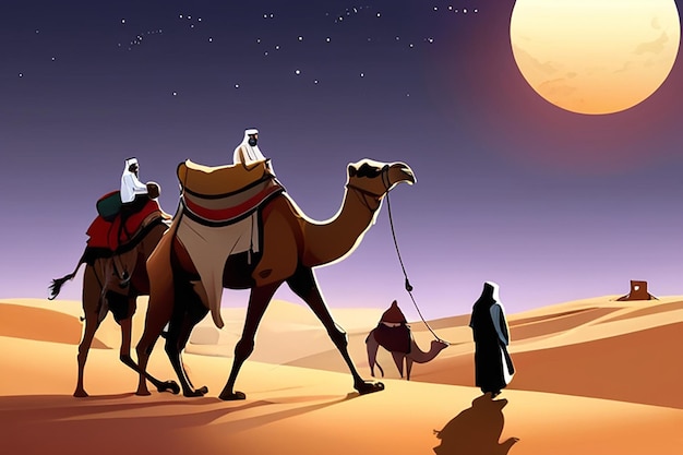 Caravana di cammelli con persone che attraversano le dune di sabbia nel deserto del Sahara Marocco Africa