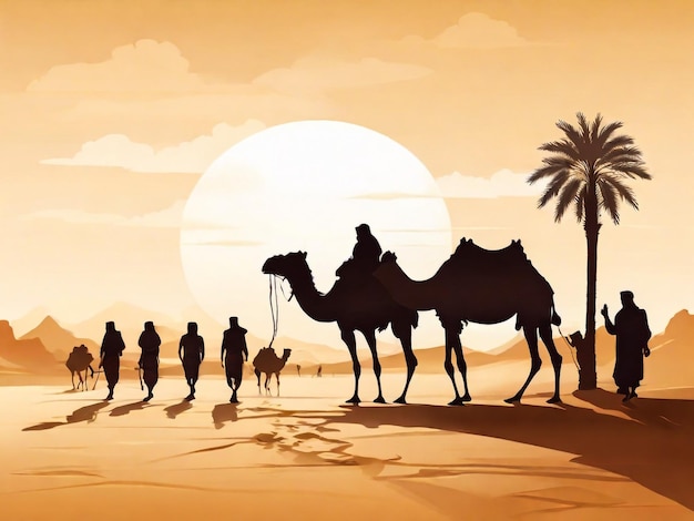 Caravana di cammelli nel deserto del Sahara in Marocco al tramonto
