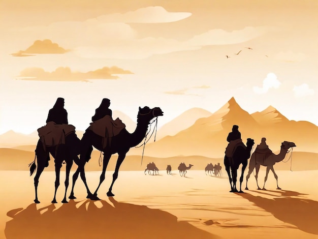 Caravana sullo sfondo del deserto persone arabe e cammelli silhouette nella sabbia caravana con cammello camelcade silhouette viaggio nella sabbia illustrazione del deserto