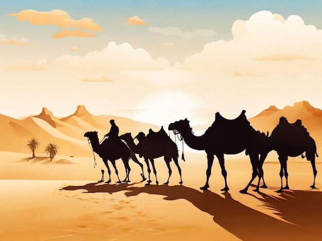 Caravana sullo sfondo del deserto persone arabe e cammelli silhouette nella sabbia caravana con cammello camelcade silhouette viaggio nella sabbia illustrazione del deserto