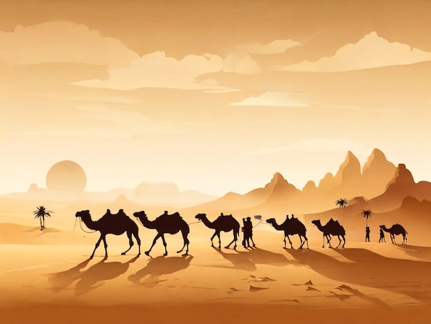 Caravana sullo sfondo del deserto persone arabe e cammelli silhouette nella sabbia caravana con cammello camelcade silhouette viaggio nella sabbia illustrazione del deserto