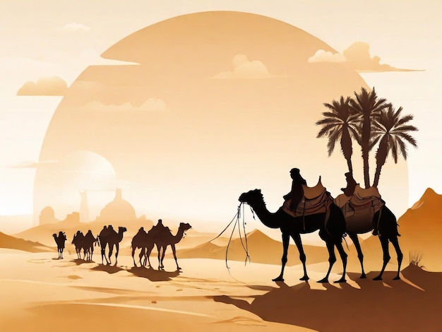 Caravana sullo sfondo del deserto persone arabe e cammelli silhouette nella sabbia caravana con cammello camelcade silhouette viaggio nella sabbia illustrazione del deserto