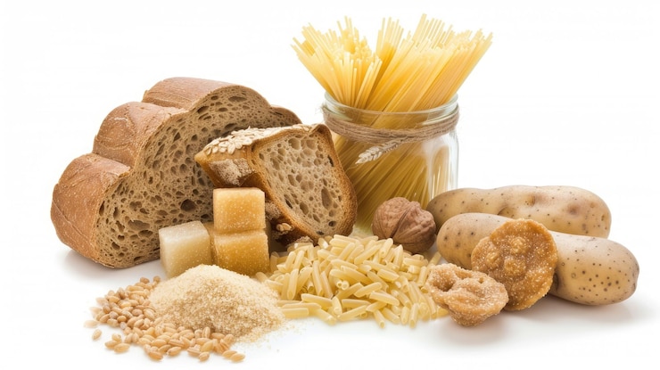 Foto carboidrati complessi come pasta di pane integrale e patate accanto a granola ben disposti su uno sfondo bianco con un pezzo di pane tostato di segale appoggiato contro di loro