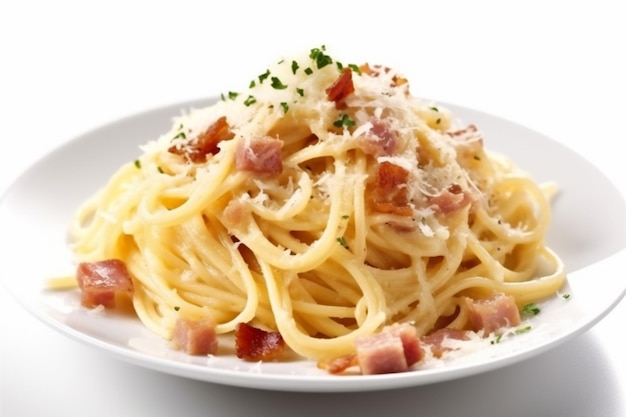 Carbonara cibo spaghetti carne italiana pancetta pasta formaggio salsa da pranzo IA generativa