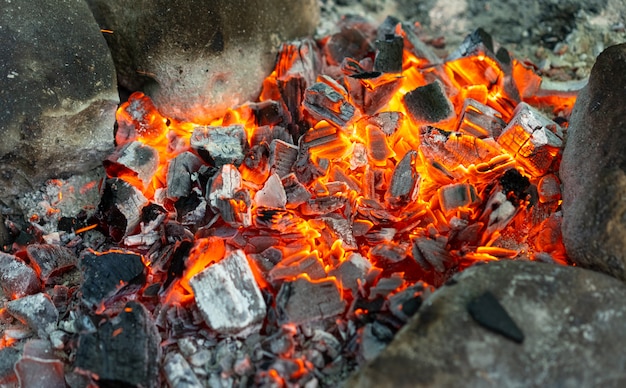 Carboni ardenti da un falò per cucinare