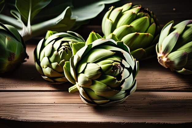 Carciofi da vicino Carciofi verdi organici crudi freschi alzato Sul tavolo in legno Vegetariana sana