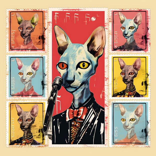 Card Peterbald Gatto con abbigliamento di musicista che suona un piccolo saxofono Collezione di francobolli tatuaggio piatto 2D